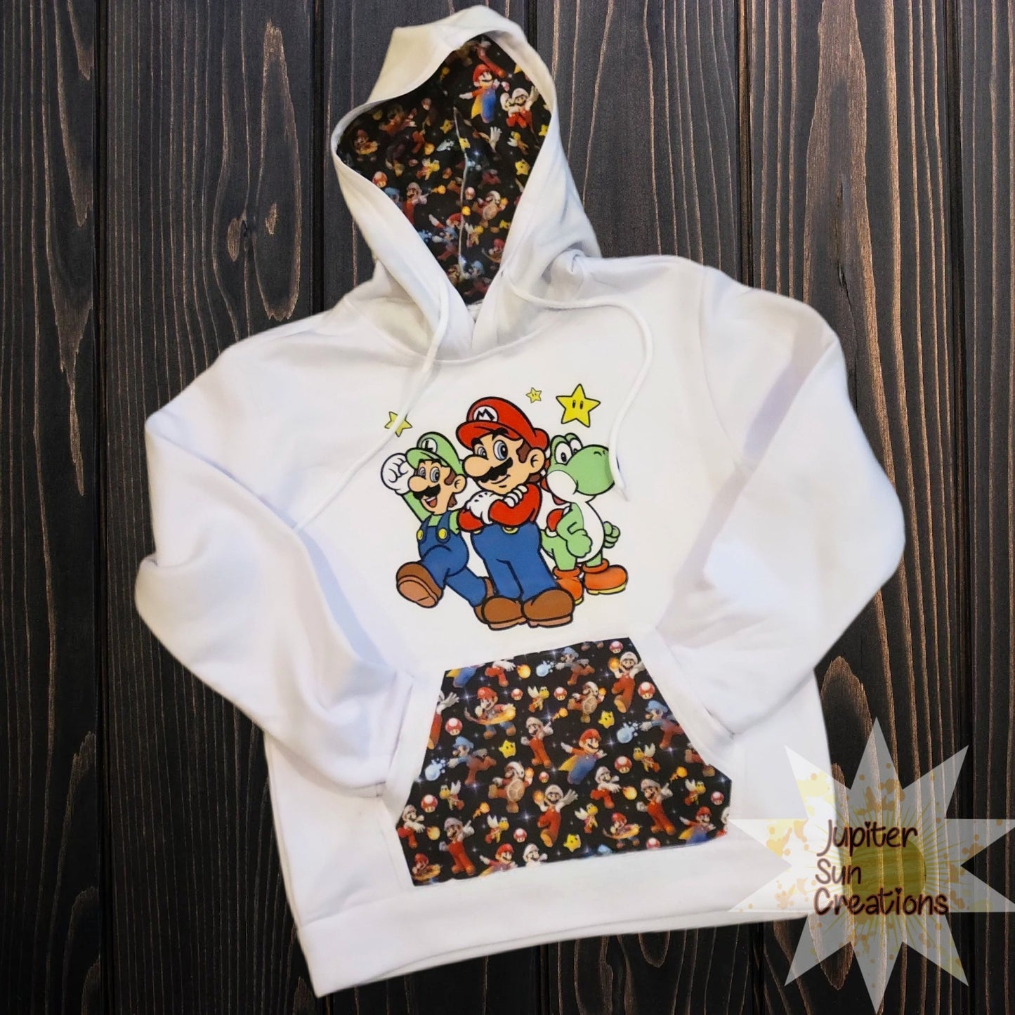 Youth SUPER GAME Hoodie (on white hoodie with back image and no cuffs)